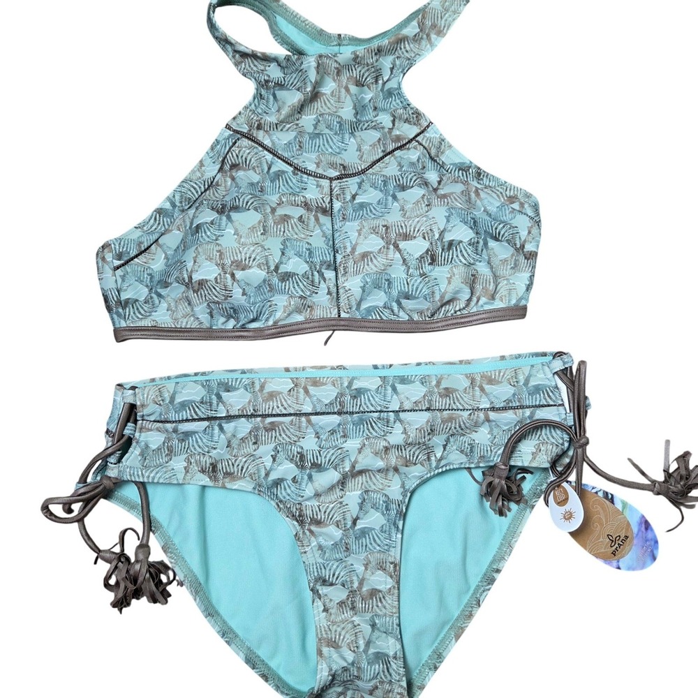 NWT Prana Safari Zebra Print Halter Bikini High Neck Tie Side Cutout Swim UPF 50